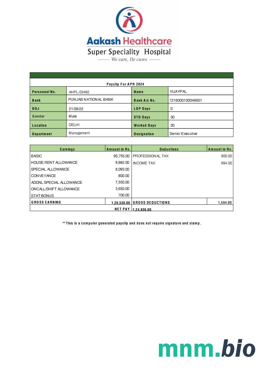 Szablon odcinka wypłaty Aakash Healthcare w formatach Word i PDF